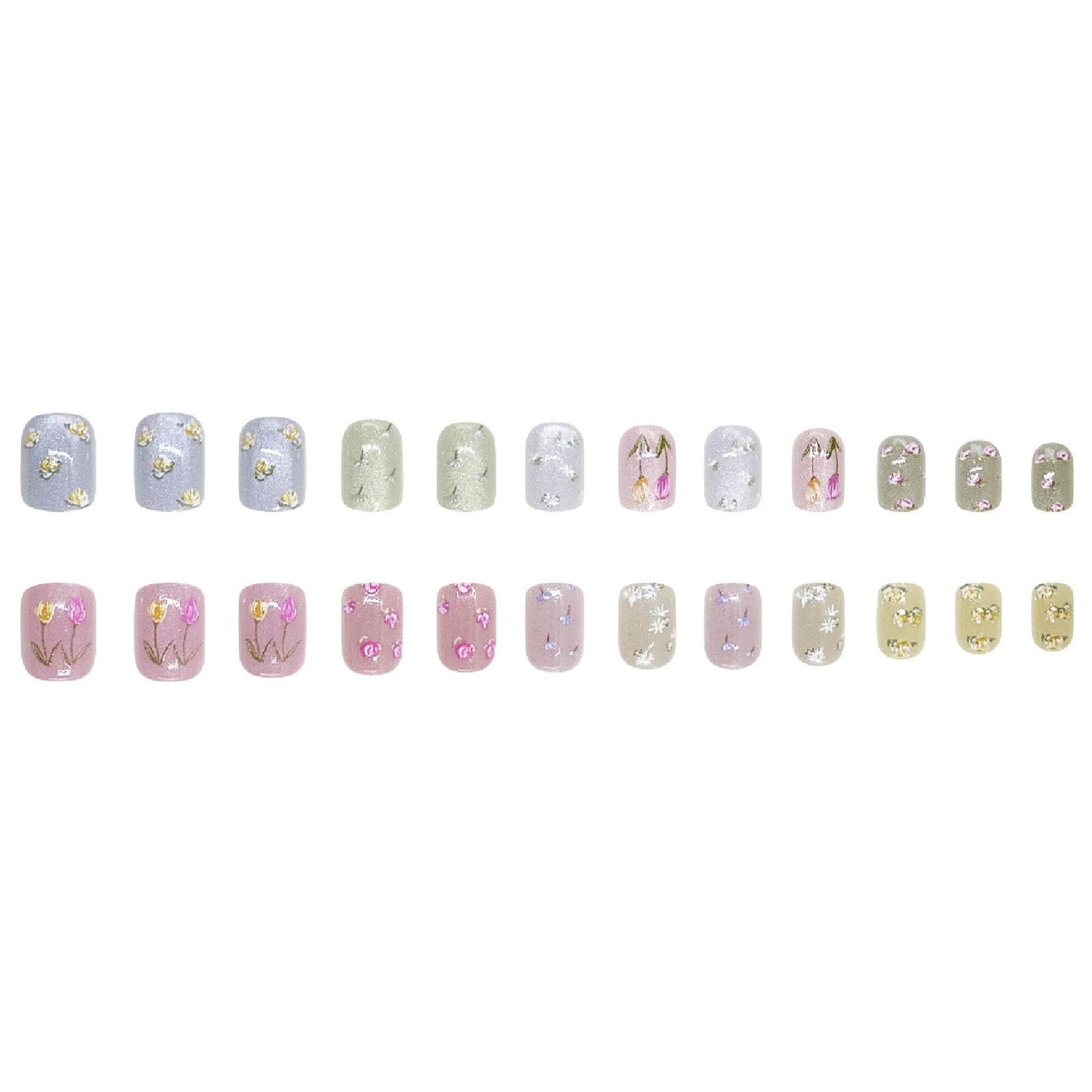 24Pcs Flower Press on Nails Short Square Fake Nails with Glitter Designs Nails Press ons Colorful False Nails Spring Summer Stick on Nails for Women