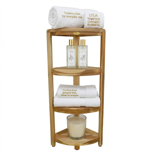 EcoDecors Corner Snazzy Corner Four Tier Natural Color Shelf Waterproof Teak Wood Shower Bench Stool Seat Chair For Inside Shower Provides Safety, Storage, and Organization For Bathroom Accessories