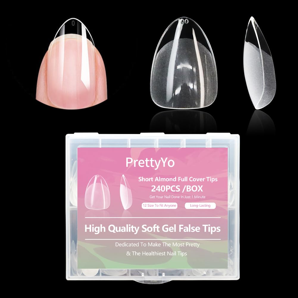 PrettyYo Short Almond Gel Nail Tips 240Pcs Half Matted Clear Fake Nail Tips Short Almond Shape 12 Sizes Full Cover Acrylic Press On Soft False Nails Gel x Nail Press Ons for DIY at Home