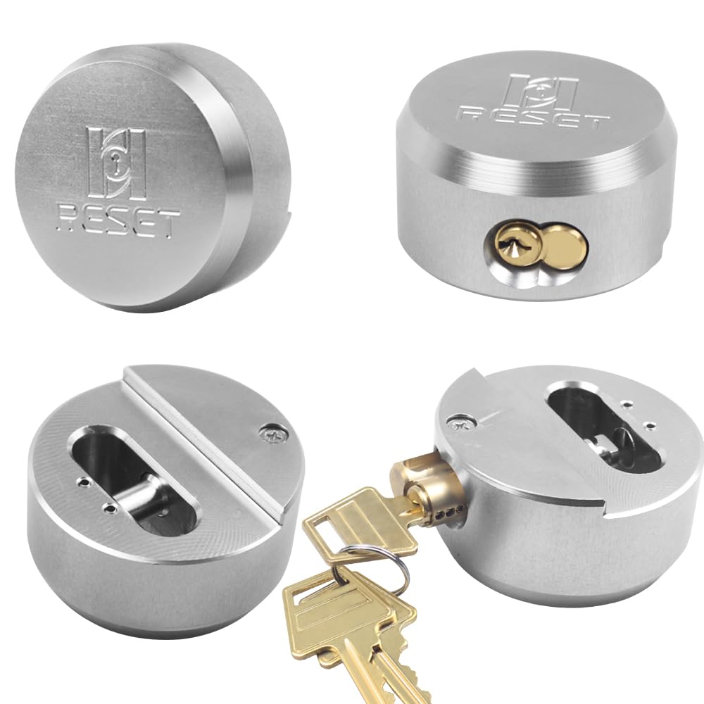 RESET-903 2 Pack Keyed Alike Puck Locks, 2-7/8" Hidden Shackle Padlocks with Keys, Heavy Duty Aluminum Alloy Body & Stainless Steel Shackle, Trailer Door Lock for Vans, Containers, Gates