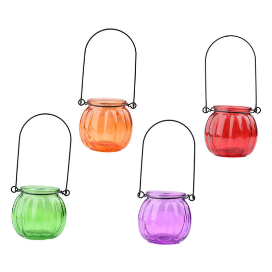 MUSISALY 4pcs Pumpkin Shaped Glass Hydroponic Vases with Wire Handles, Colorful Hanging Flower Arrangement Containers for Home Décor, Indoor Plant Terrariums in Orange Green Purple Red