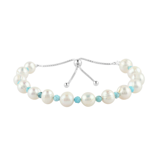 CRYSTALIS Natural Larimar And Freshwater Pearl Beaded Bracelet, Elegant Beads Crystal, Chakra Bracelet, Healing Bracelet, Gemstone Jewelry, 925 Sterling Silver Slider 10 inch