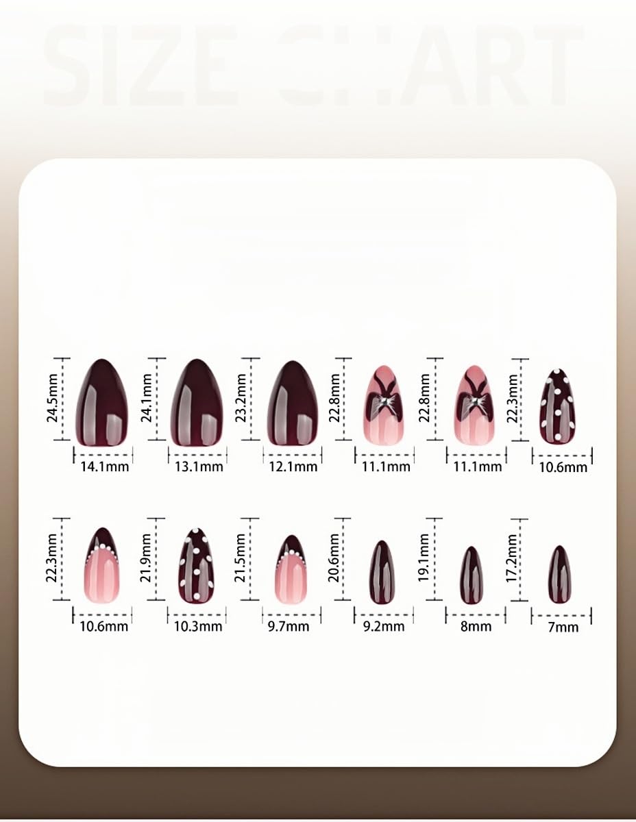 Medium Almond Press on Nails - Wine Red Fake Nails with Bow, Polka Dot Designs False Nail French tip Glue on Nails Reusable Full Cover Stick on Nail for Women Manicure 24Pcs