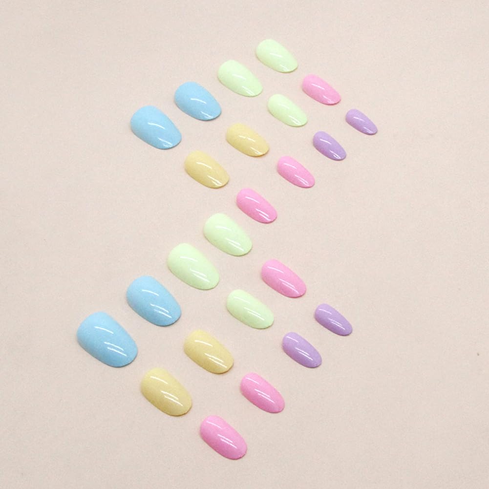 Short Fake Nails - Acrylic Press Ons, Almond Squoval Glossy False Nails with Multi-Color Rainbow Designs - 24 Pcs