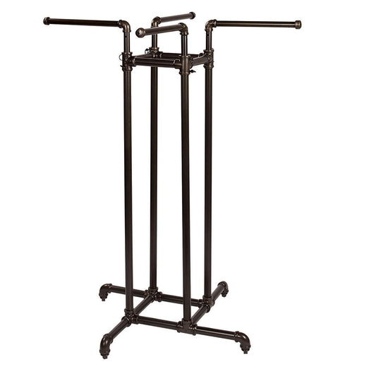 SSWBasics Heavy Duty Adjustable Pipe 4-Way Clothing Display Rack - Retail Clothing Rack with Straight Arms - Durable and Sturdy Clothing Display Stand for Garments - Sleek Space Saving Design for