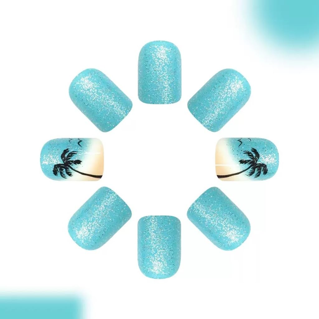 CTTHNBD Short Press on Nails Square - Blue Fake Nails with Coconut Tree Design - Glossy Glitter Full Cover Stick on Nails for Women 24 Pcs