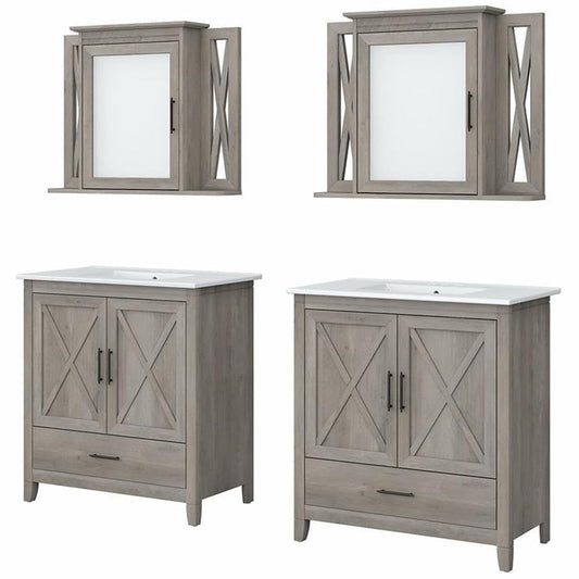 Bush Home Key West 64W Double Vanity Set with Sinks and Medicine Cabinets in Driftwood Gray