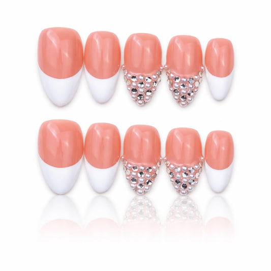 IntoVibes 10 Pieces Handmade Press On Nails Medium Almond, White Thickened French False Nails, Pearls And Rhinestone, Reusable Fake Nails Almond, Reusable Acrylic Nails (M)