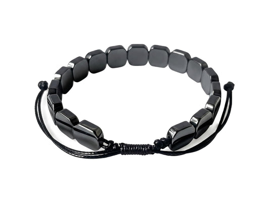 Jingming keji Adjustable Mens Hematite Bracelet 7.5-10.5" - Handwoven Waxed Polyester Cord, Natural Square Stone Beaded Wellness Jewelry with Gift Box