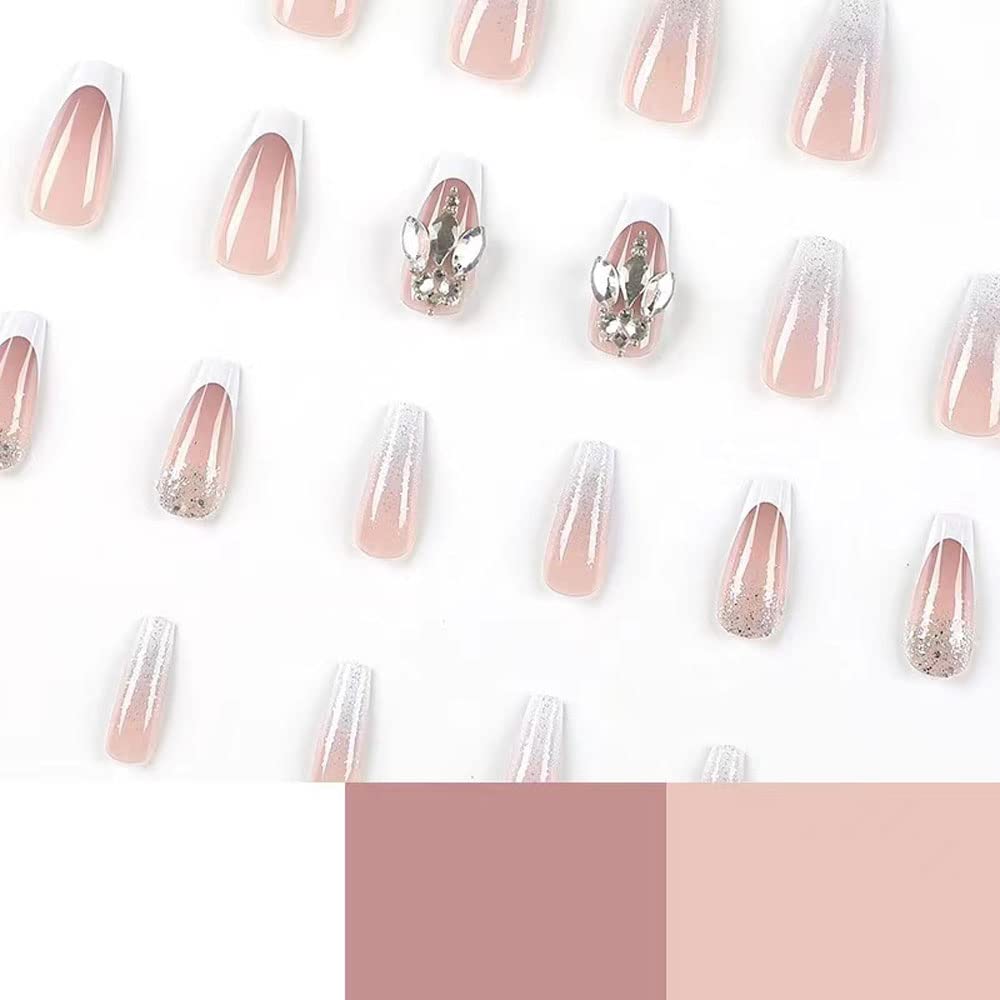 Magrace Long Square Press on Nails Fake Nails French Tips False Nails with Designs Rhinestone 24 pcs Stick on Nails for Women