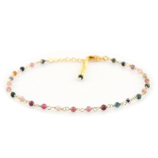 JOR Natural Multi Tourmaline Beaded Rosary Anklet, Handmade Craft, Anklet Beads Bracelet, Chakra Healing Anklet, Gemstone Women Jewelry, Dainty Gold Plated Anklet 9 inch + 1.5 inch (1pcs)