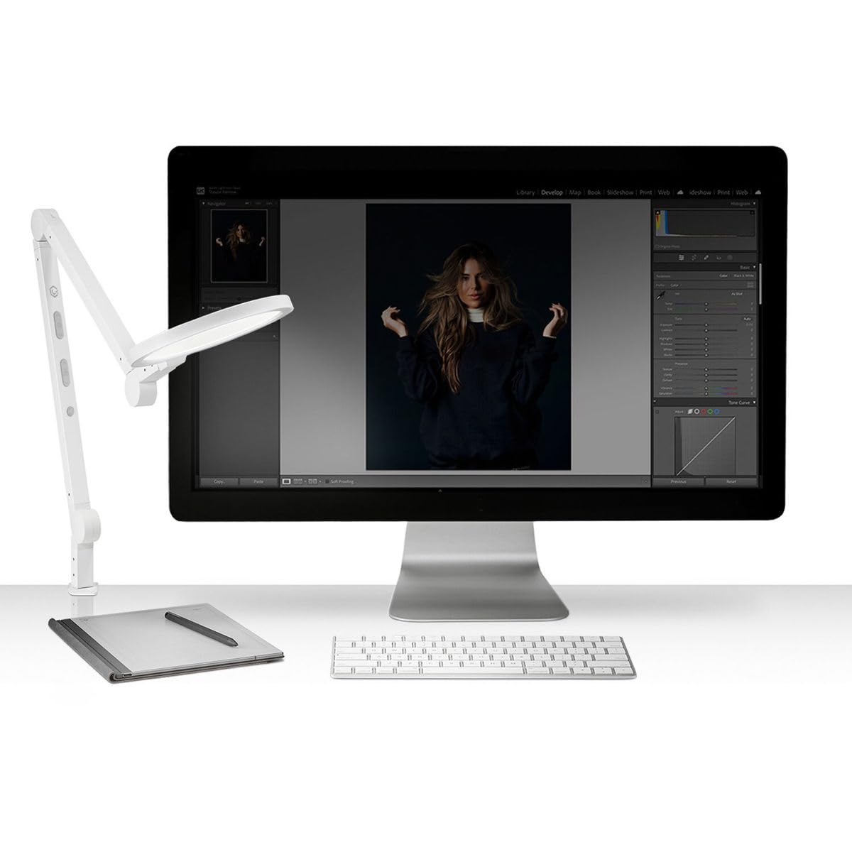 LUME CUBE Edge 2.0 LED Desk Lamp | Dimmable Home Office Desk Light with USB Charging Port & Strong Swing Arm | Adjustable Color Temperature and Brightness | Circle Webcam Light - White