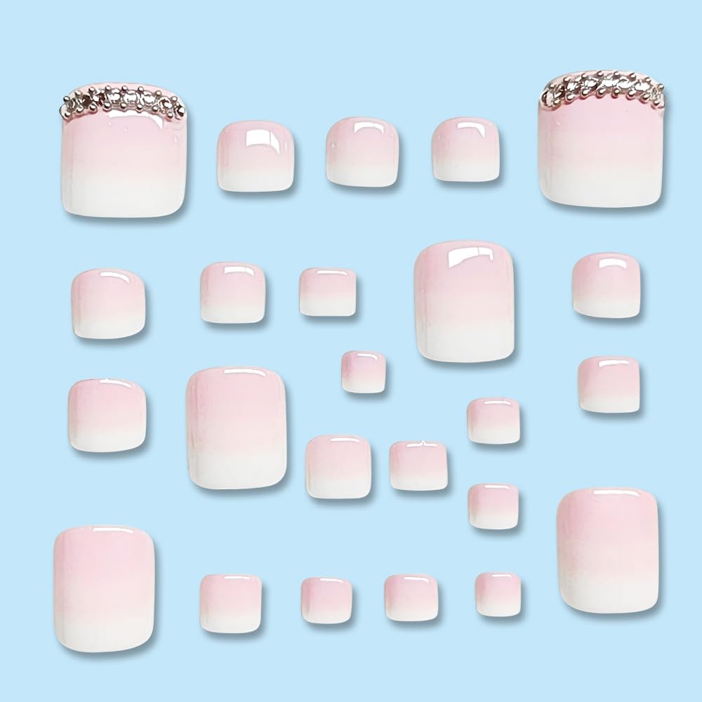 Nude Ombre Press on Toenails Glossy Fake Toe Nails Rhinestone Glue on Toenails Gradient Pink White Acrylic Toe Fake Nails Natural False Toenails Full Cover Stick on Nails for Women Manicure 24pcs