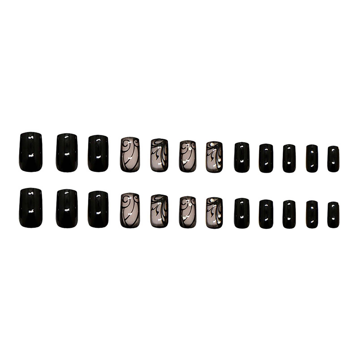 Short Press on Nails Square Fake Nails Black French Tip Acrylic False Nails with Dark Vines Design Full Cover Glue on Nail Glossy Nails Press ons Short Stick on Nail for Women 24Pcs
