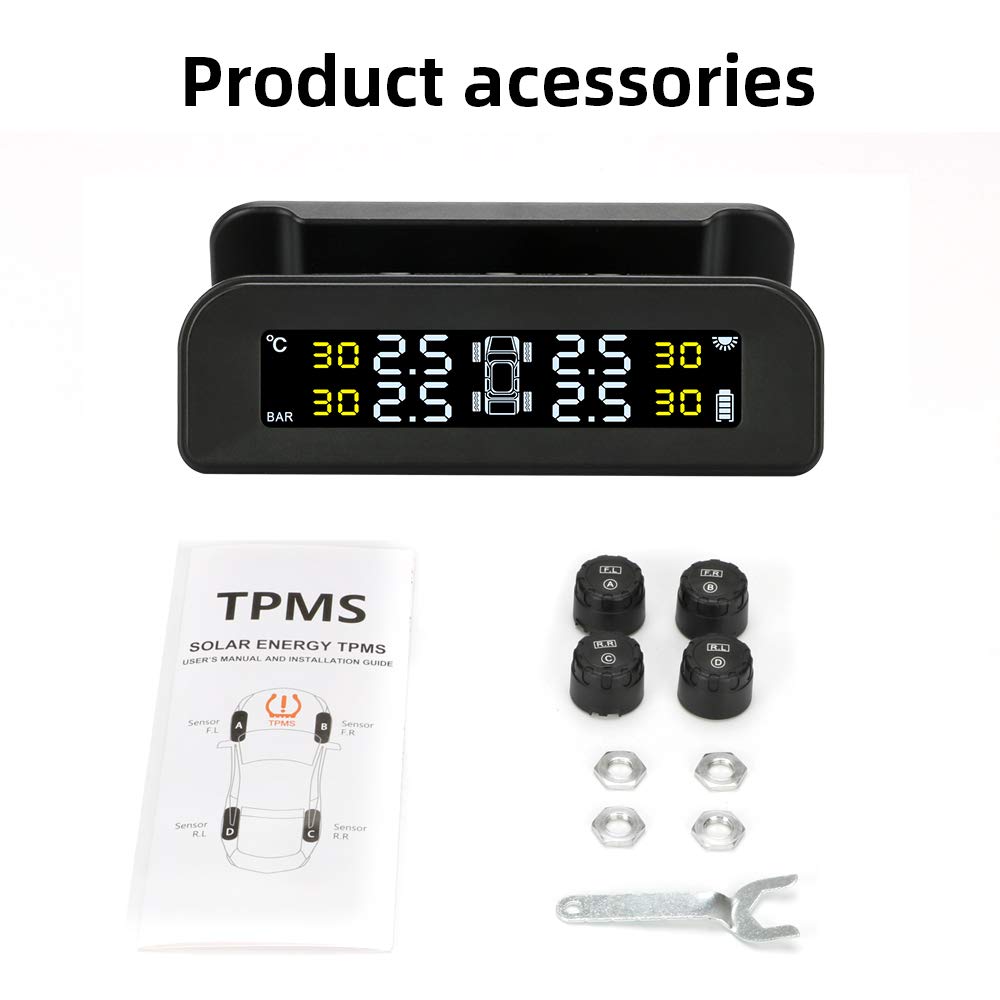 Tire Pressure Monitoring System Wireless Solar TPMS, Tire Pressure Monitor Installed on Windowshield with 4 External Sensors Real-time Display Temperature Pressure 22-87 PSI for Car RV SUV MPV Sedan