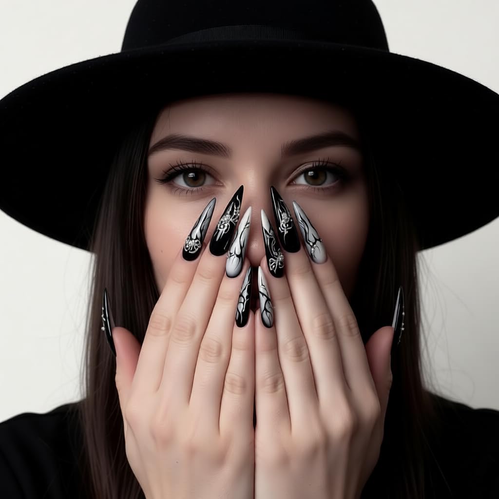 LTXHZYYL Black Press on Nails, 24 Pcs Long Black Almond Nails with Gothic Butterfly & Heart Design【Upgraded 】Reusable Full Cover False Nails Kit with Nail Glue (Dark Fantasy)