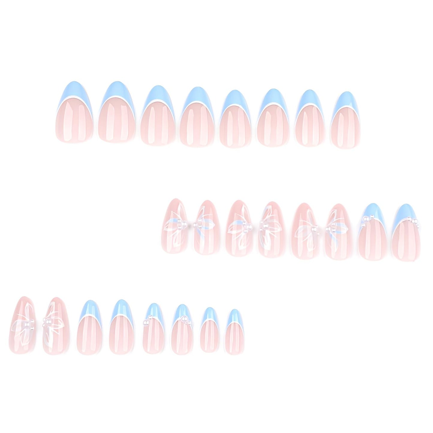 French Tip Press on Nails Medium Almond Fake Nails Flower Nails Press Ons with Pearl Design Glossy Full Cover False Ons Nail Spring Summer Glue on Nail DIY Acrylic Stick on Nail for Women 24Pcs
