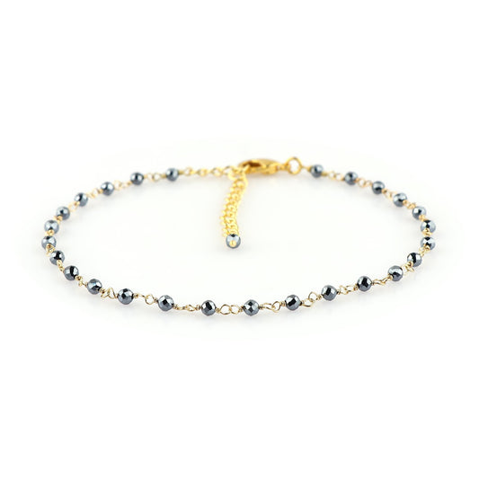 JOR Natural Hematite Beaded Rosary Anklet, Handmade Craft, Anklet Beads Bracelet, Chakra Healing Anklet, Gemstone Women Jewelry, Dainty Gold Plated Anklet 9 inch + 2 inch (1pcs)