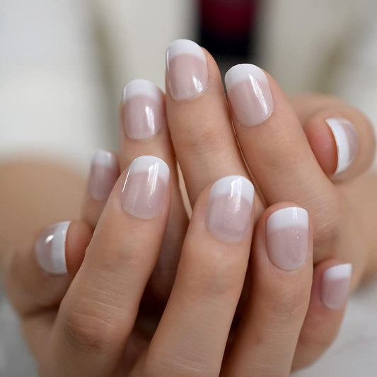 iBeautying Gel Press on Nails - Natural Classic French False Nails | Pink Short Squoval Round Reusable Fake Nails in 10 Sizes - 24 Nail Kit with Jelly Glue Pad