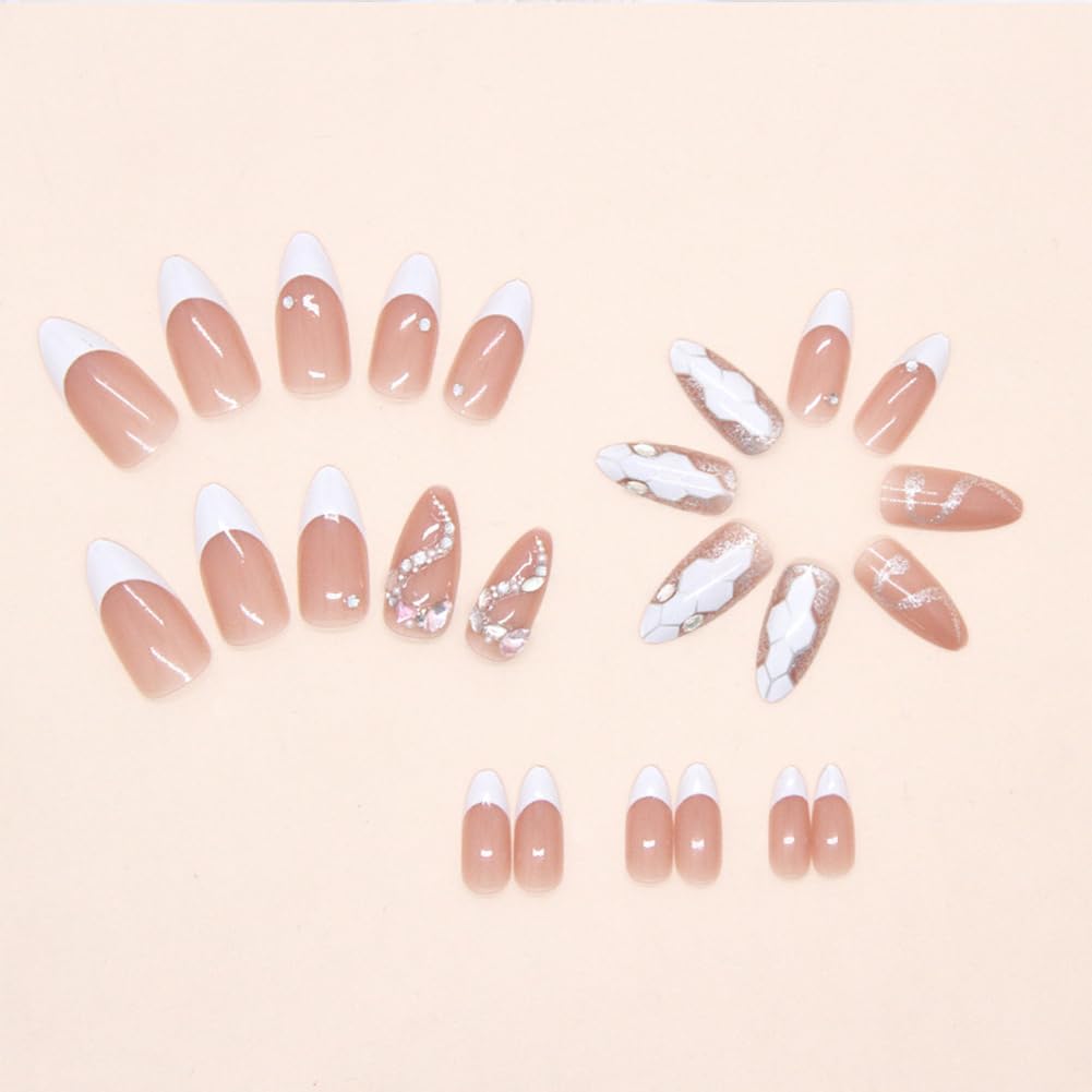 24Pcs French Tip Press on Nails Snake design Element Fake Nail Medium Almond False Nails Acrylic Full Cover Fake Nail Kit Glossy With Rhinestones Artificial Fale Nails For Women And Girls Manicure