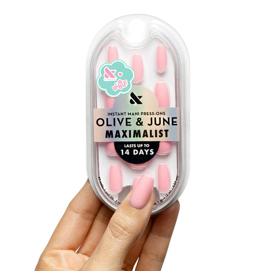 Olive & June Maximalist Instant Mani Press-On Nails (Glue) | 42 Fake Nails, 21 Sizes | Non-Toxic, Long-Lasting Big, Bold Gorgeous Realistic Look | Salon-Quality at Home | Medium, Coffin | Pink