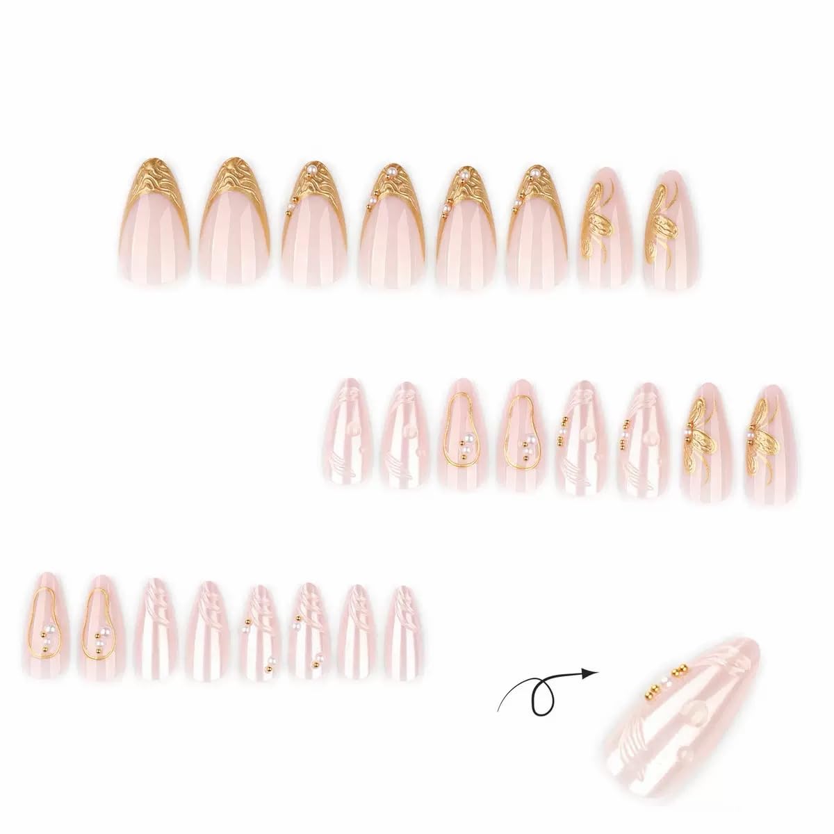 CTTHNBD Press on Almond Nails - Medium Fake Nails with Flower Design - Gold French Tip False Nails Press ons - for Women 24 Pcs