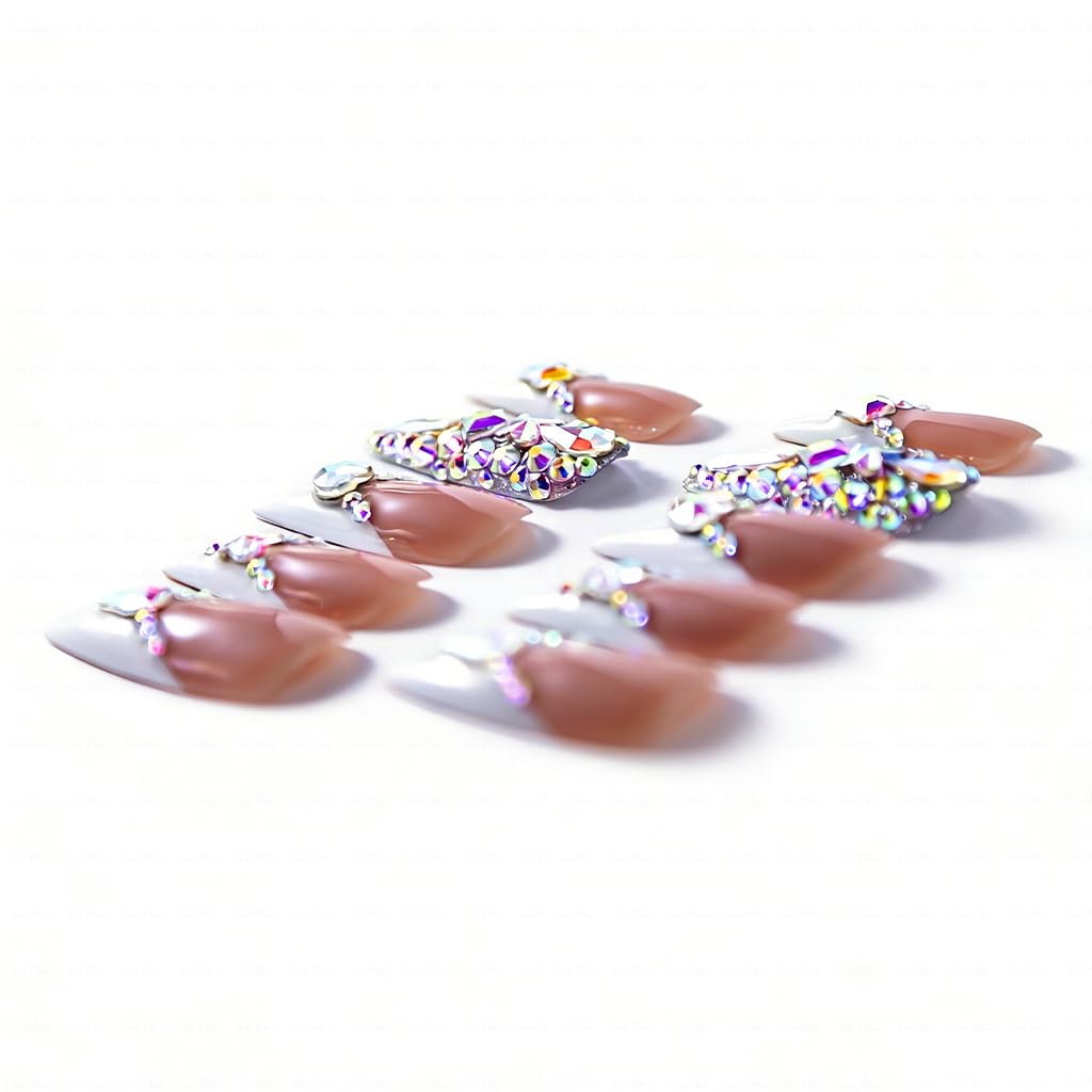 IntoVibes 10 Pieces Handmade Long Almond Press On Nails, White Thickened French False Nails With Rhinestone Decorate, Reusable Fake Nails Almond, Reusable Acrylic Nails (M)