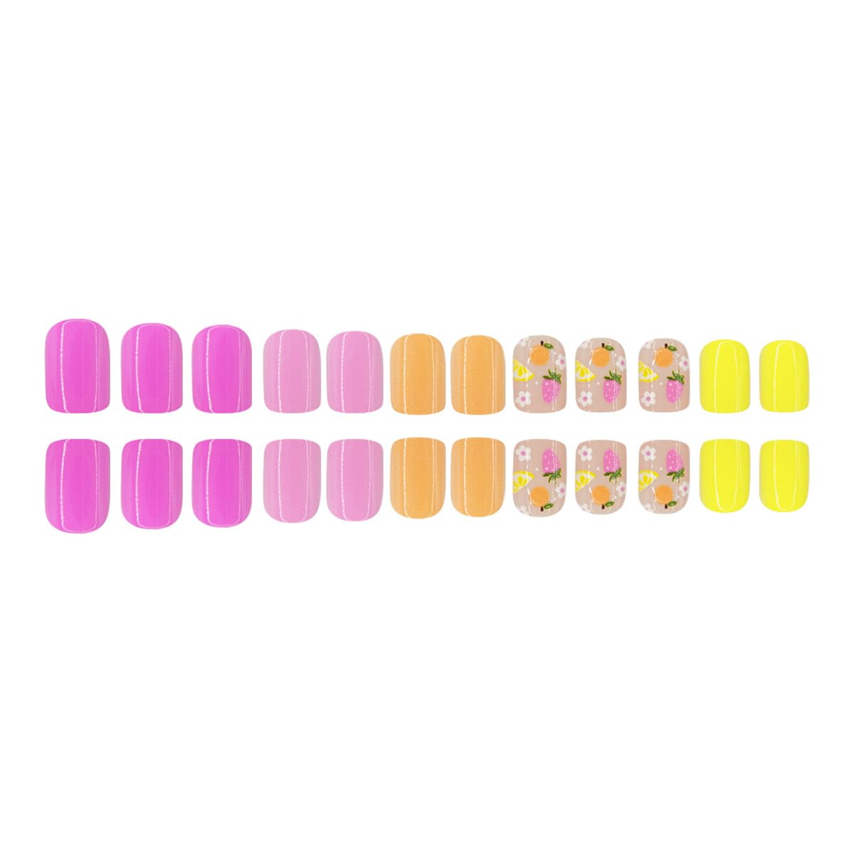 Short Square Press on Nails - Pink Yellow Fake Nails with Fruit Lemon & Strawberry Design, Spring Summer Full Cover Stick on Nails for Women Manicure 24 Pcs