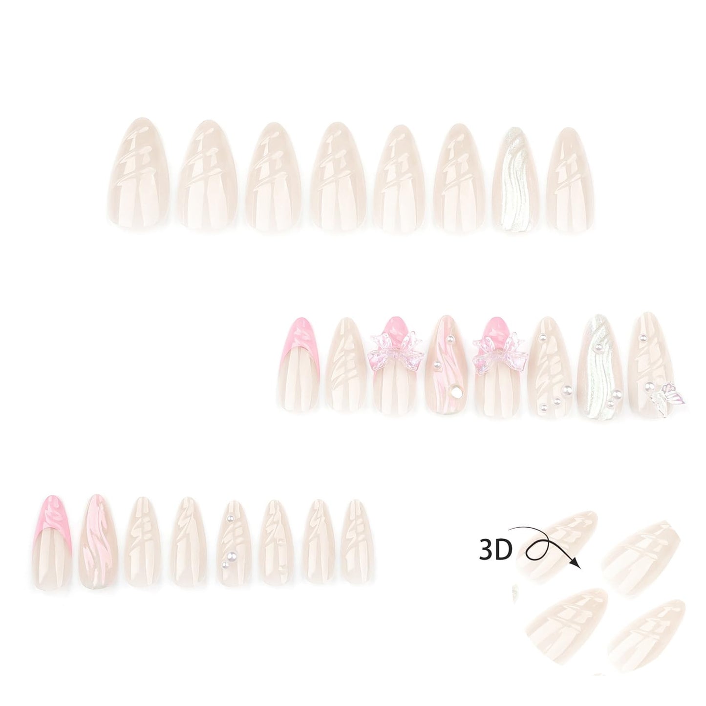 Pink French Press on Nails Almond Fake Nails 3D Pearl Nail Art Design False Nails Glue on Artificial Nails Butterfly Nail Tip Cute Bow Stick on Nail for Women Girls Manicure Set 24Pcs
