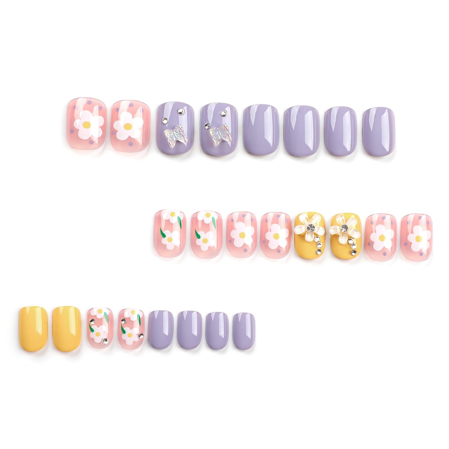 Vezocim Press on Nails Short Square-24Pcs Glossy Full Cover Acrylic Square False Nails with Floral Gems Designs Artificial Extra Short Square Fake Nails with Glue Stick on Fingernails for Women Girls