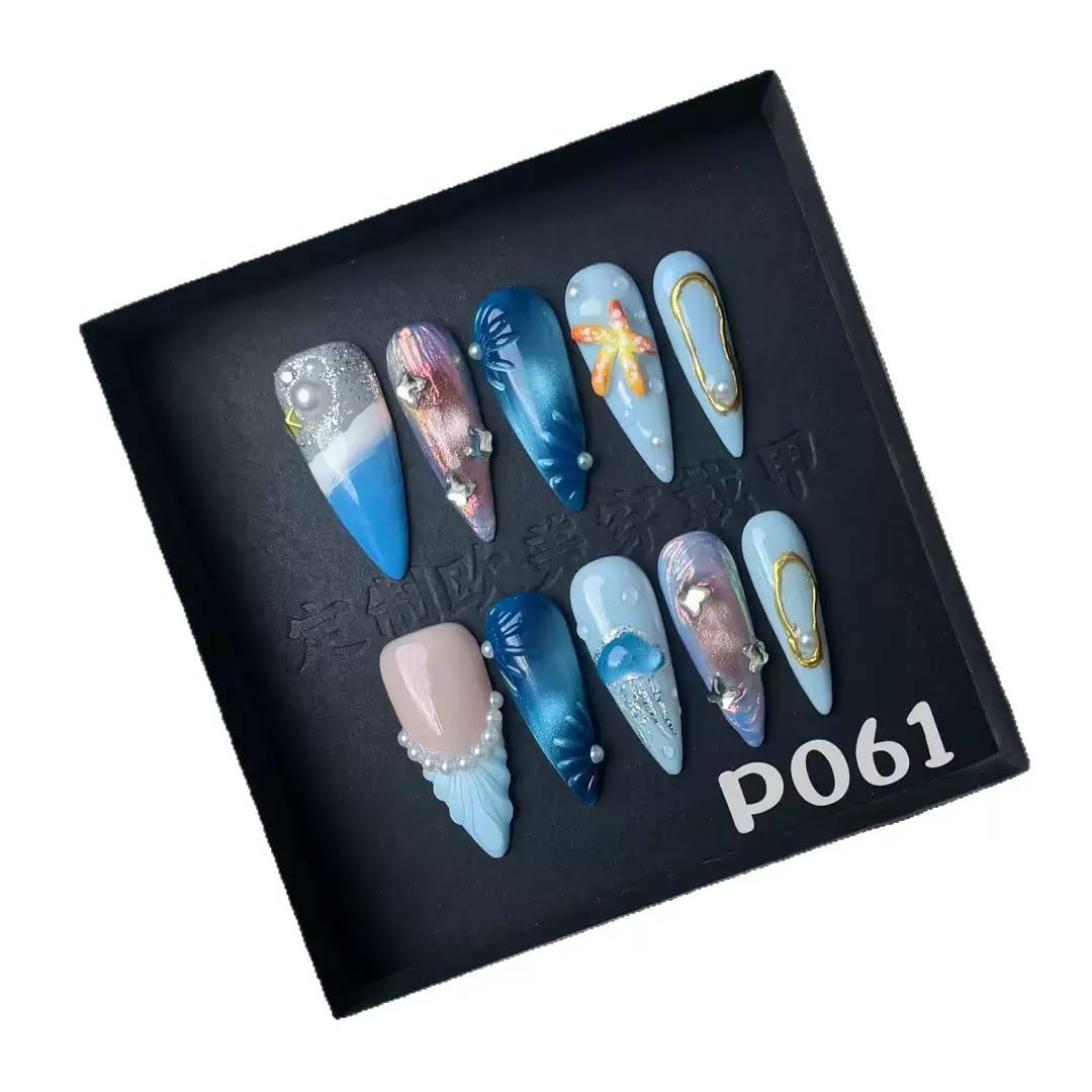 100% 5D Handmade Press on Nails with Charms Long Stiletto Nails Press ons Beach Ocean False Nails Ombre Blue Press on Nails Summer Fake Nails for Women Girls Daily Wear DIY Manicure Size L