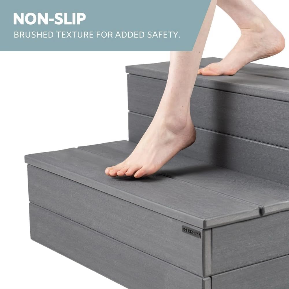 DENKOE Hot Tub Steps with Storage - Waterproof, Non-Slip & No Maintenance - Multi Angle Access - Ideal for Spa Steps, Hot Tub Stairs - Gray Spa Step for Outdoor