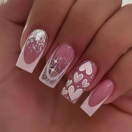 CTTHNBD Press on Nails Square - Medium Pink Fake Nails with Heart Desgin - White French Tip False Nails Press ons - for Women 24 Pcs