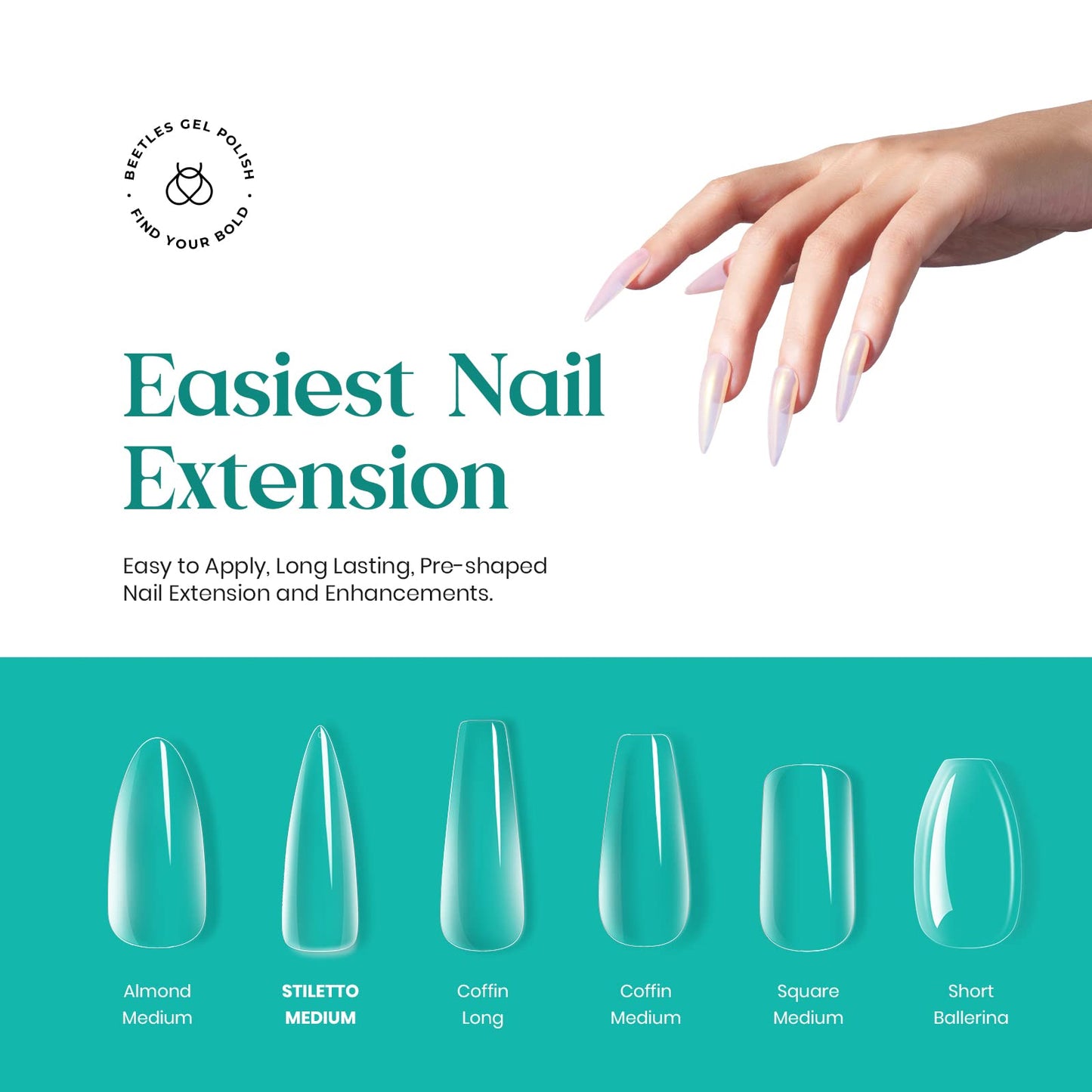 Beetles Gel Nail Tips Clear, Stiletto Medium, 500Pcs 10 Sizes, Pre-Shaped Full Cover Soft Acrylic False Press On Nail Tips Stiletto Shape Easy DIY Nail Extension Salon Gift for Women