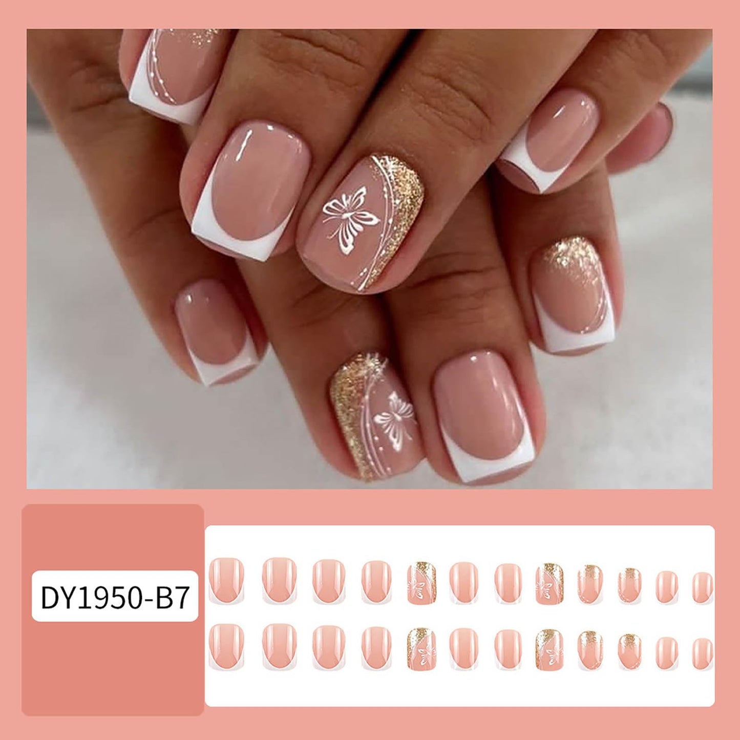 Short Press on Nails Square Fake Nails Pink Nails Press ons French Tip False Nails Glitter Glue on Nail with Butterfly Designs Acrylic Glossy Full Cover Stick on Nail for Women Manicure