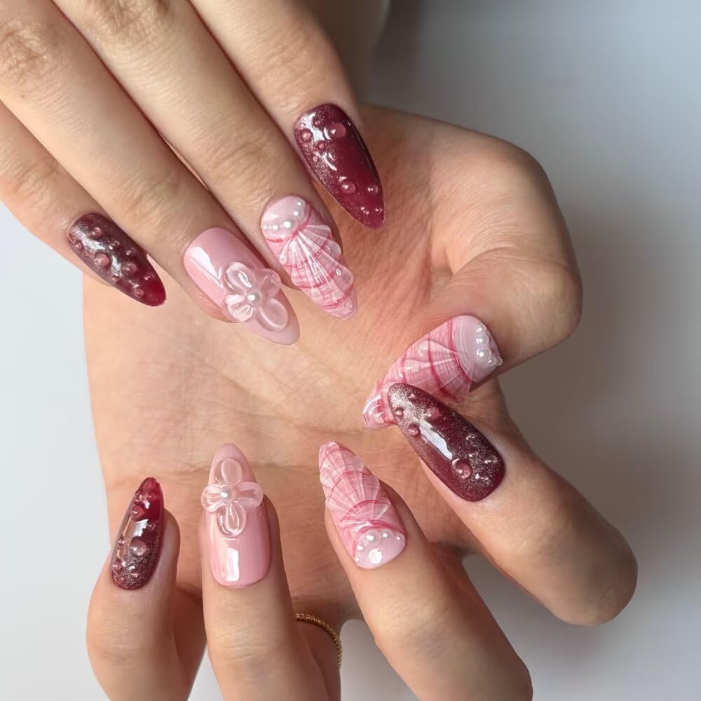 10 Pcs Press on Nails Medium Almond Fake Nails, 3D Pink Shell Design Full Cover Stick on Nails, Handmade Artificial Acrylic Nails for Women with Nails File Set (Size S)