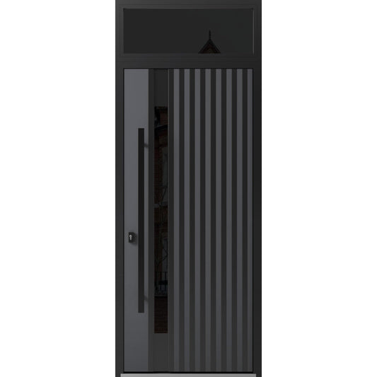 VDOMDOORS Front Exterior Prehung Steel Door/Ronex 0144 Grey/Top Exterior Window Sidelite/Entry Metal Modern Painted W36 x H80+16" Right Hand Inswing