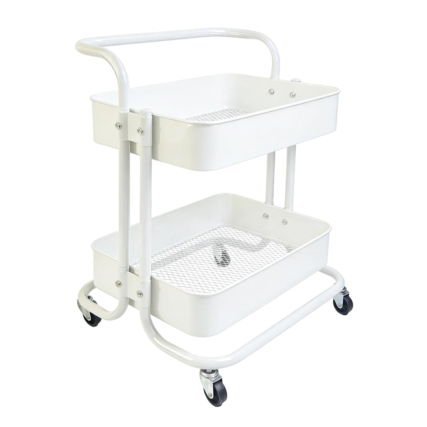 Ufriandz 2 Tier Cart with Wheels Under Desk Storage with Handle, Metal Rolling Pantry Cart for Kitchen White Small Rolling Basket for Laundry Room Bathroom, Utility Shelf Organizer for Small Space