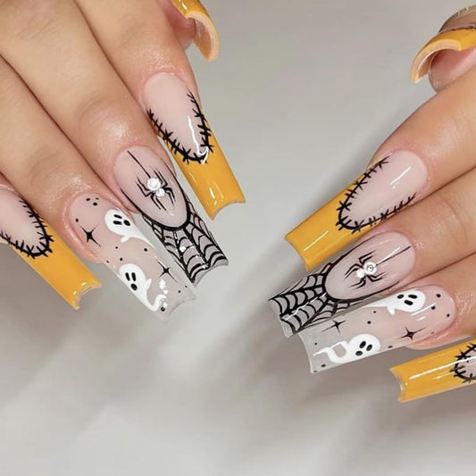 Halloween Press on Nails Long Coffin Fake Nails Spider Web Glue on Nails Cute Ghost Stick on Nails Square Nude Acrylic Nails Press ons for Women Manicure 24 Pcs
