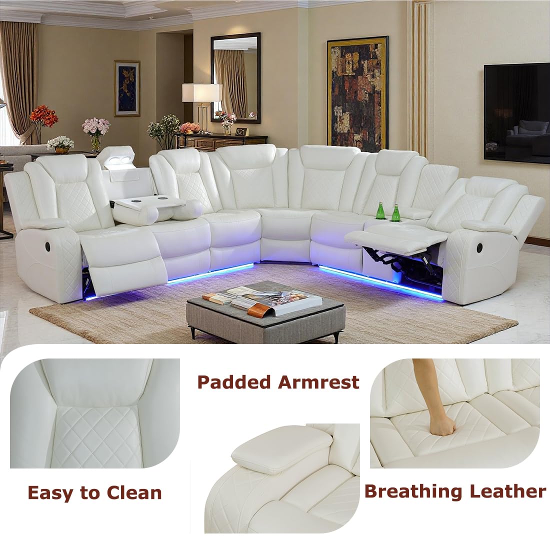 Toseslo Living Room Furniture Sets, Power Reclining Sofa Set, Vanilla White Leather 2 Recliner Sectional with LED Light, Power Recliner Sofa Sets with Cup Holder/Storage Console for Living Room