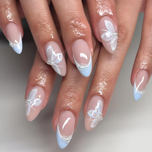 French Tip Press on Nails Medium Almond Fake Nails Flower Nails Press Ons with Pearl Design Glossy Full Cover False Ons Nail Spring Summer Glue on Nail DIY Acrylic Stick on Nail for Women 24Pcs