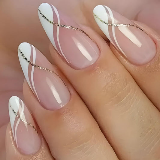 Kamize Short Almond Fake Nails Press on Nails Full Cover Acrylic Swirl False Nails Glossy for Women 24PCS