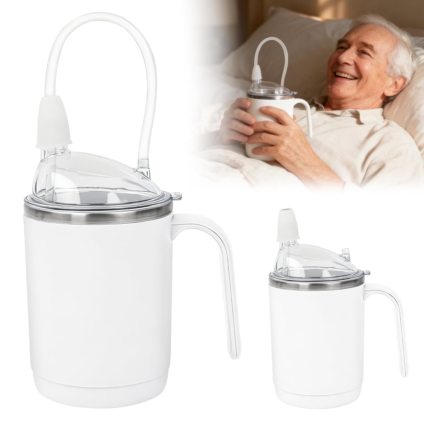 sturion Adult Drinking Cup, 15 oz Stainless Steel Drinking Cup with Handle, Spill-Resistant Lid, 3-in-1 Design with Long Straw, Easy-Hold Cup for Seniors, Home and Daily Use, White