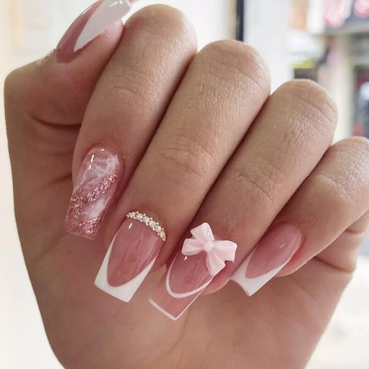 Square Press on Nails Medium - White French Tip Fake Nails with Glitter Design - Rhinestone, Bow False Nails Press ons - for Women 24 Pcs