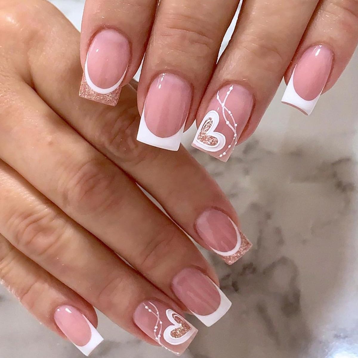 6 Packs (144 Pcs) Press on Nails Square - Short, Medium Nails Press ons - French Tip Fake Nails with Flower Design - for Women 12 Sizes-6 Styles
