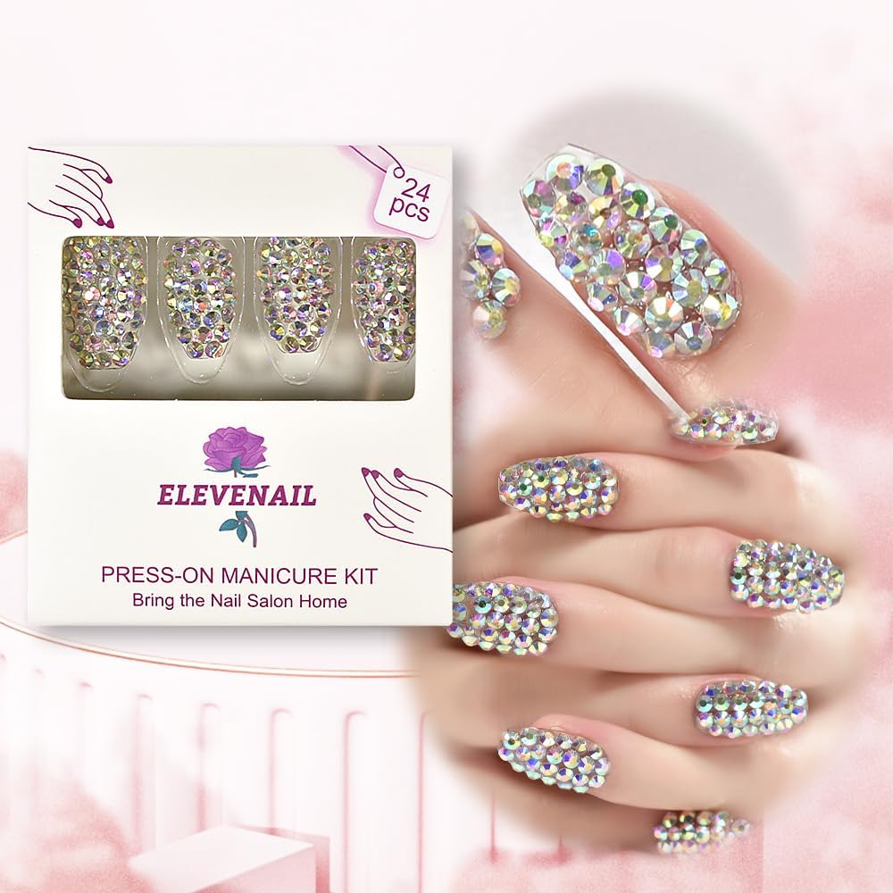 Elevenail Handmade 24pcs Full 3D Rhinestone Press on False Nails Medium length Coffin Fake Nails Salon DIY Manicure Reusable Acrylic Shiny Crystal Nail Art Tips Gift for Women Girls