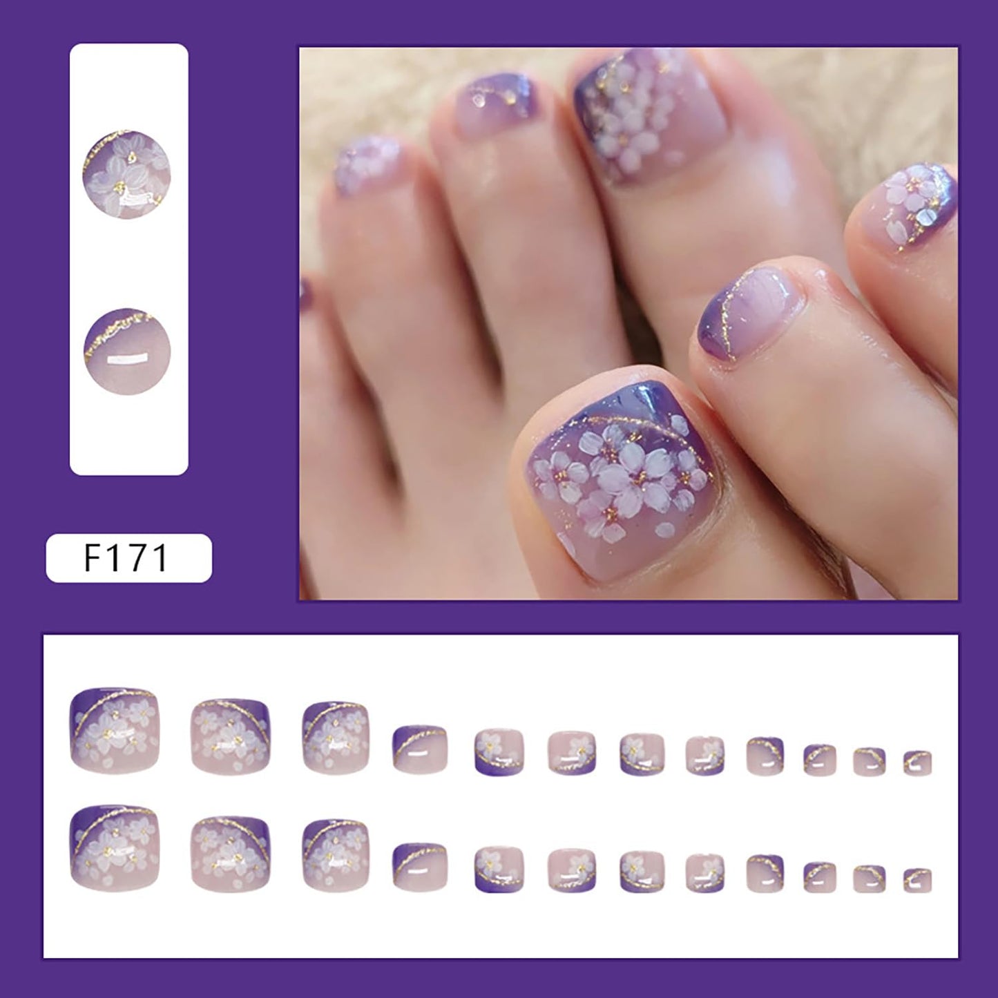 FIEONCIY Press on Toenails with Designs Acrylic Fake Nails for Toe Artificial False Nails with Charms Glue on Toe for Spring Summer Stick on Toenails for Women Girls(F171)