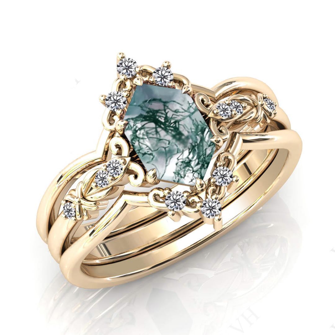 LELOUCHY Natural Moss Agate 925 Sterling Silver Rings Set Leaf Art Deco Hexagon Moss Agate Engagement Wedding Promise Rings Set Vintage Unique Bridal Jewelry Set for Women-9