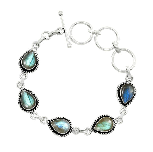 Natural Labradorite Silver Plated Link Bracelet for Women - Multicolor Stone Vintage Style Adjustable Handmade Jewelry Bracelet - Wedding Gifts for Mom Wife Her