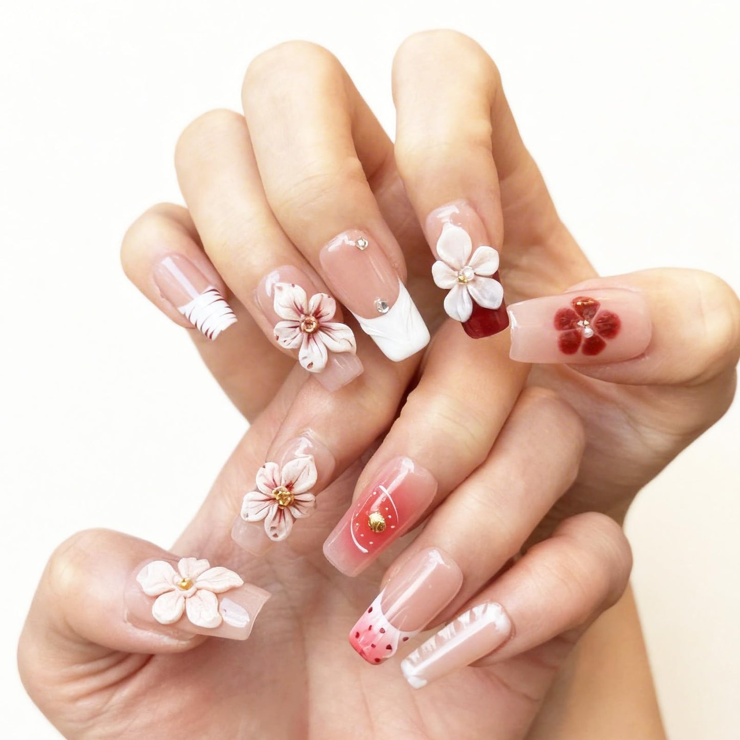 Nude Pink Handmade Press on Nails – Long Coffin Shaped Fake Nails with Rhinestones & Flower Designs | Full Cover Thick Acrylic & Multi-Layer Gel Stick on Nails Spring Pattern (S-10PCS)